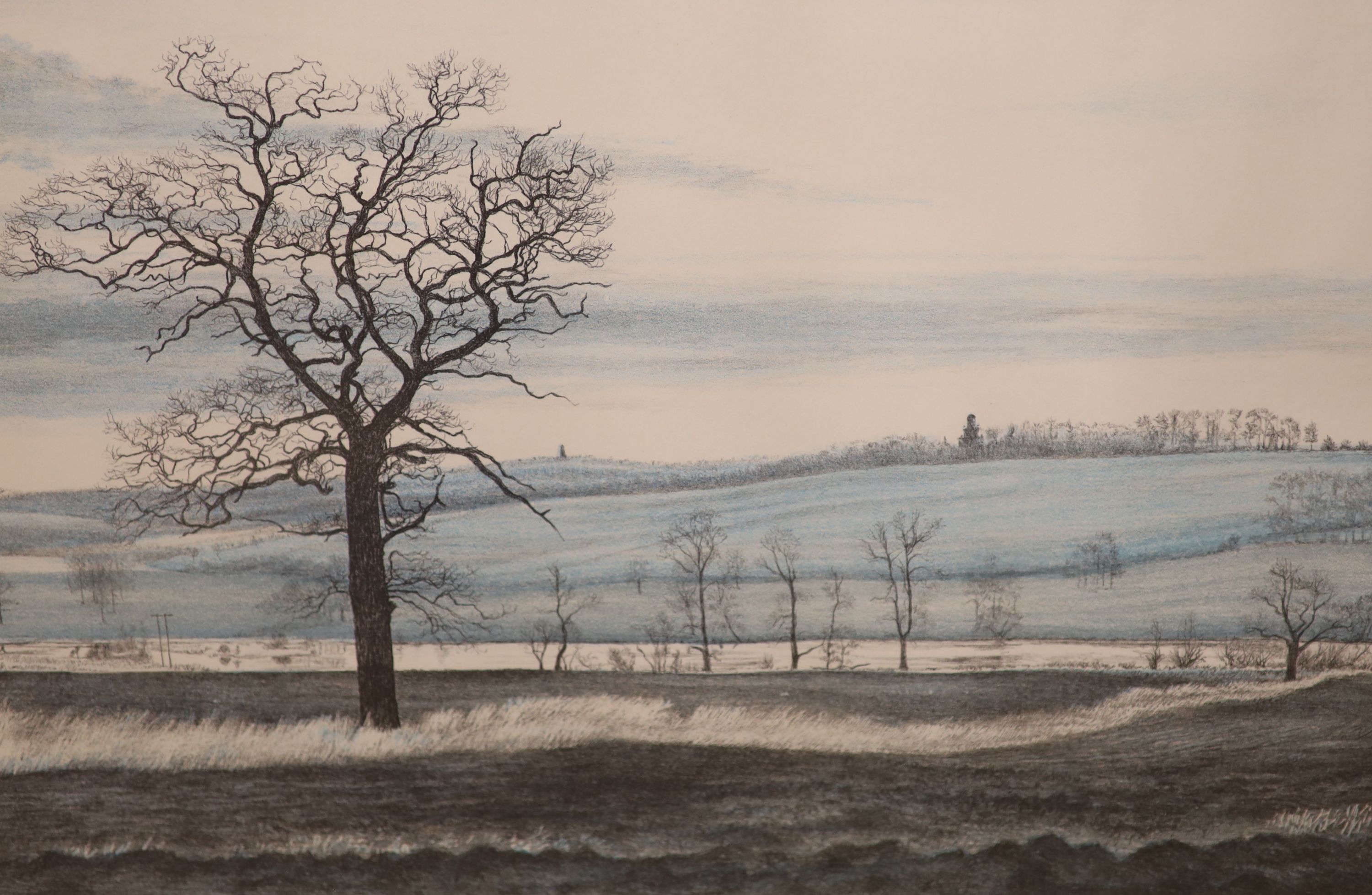 G. Everley, limited edition print, Monumental landscape, signed, 61/200, overall 49 x 59cm, a Noel Myles, limited edition print, Oaklands, 1/50, overall 54 x 60cm and an